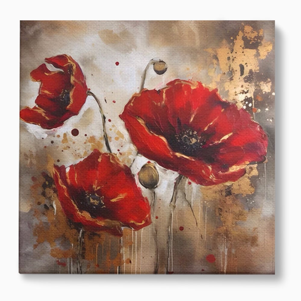 Tablou canvas cu pictura decorativa cu maci rosii, fara rama, pe sasiu de lemn